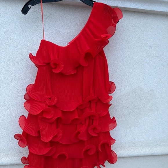 Milly  Coral Pleated Tiered Ruffle Dress Size 6 - Picture 6 of 9